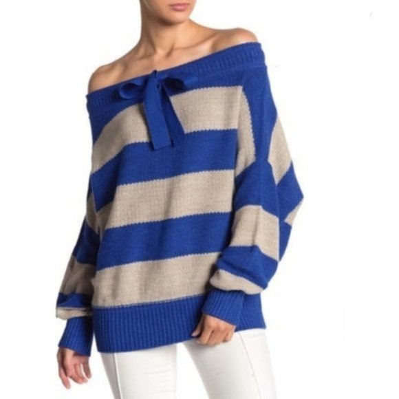 NWT Free People Striped Off Shoulder Knit Sweater Size L - Picture 1 of 5